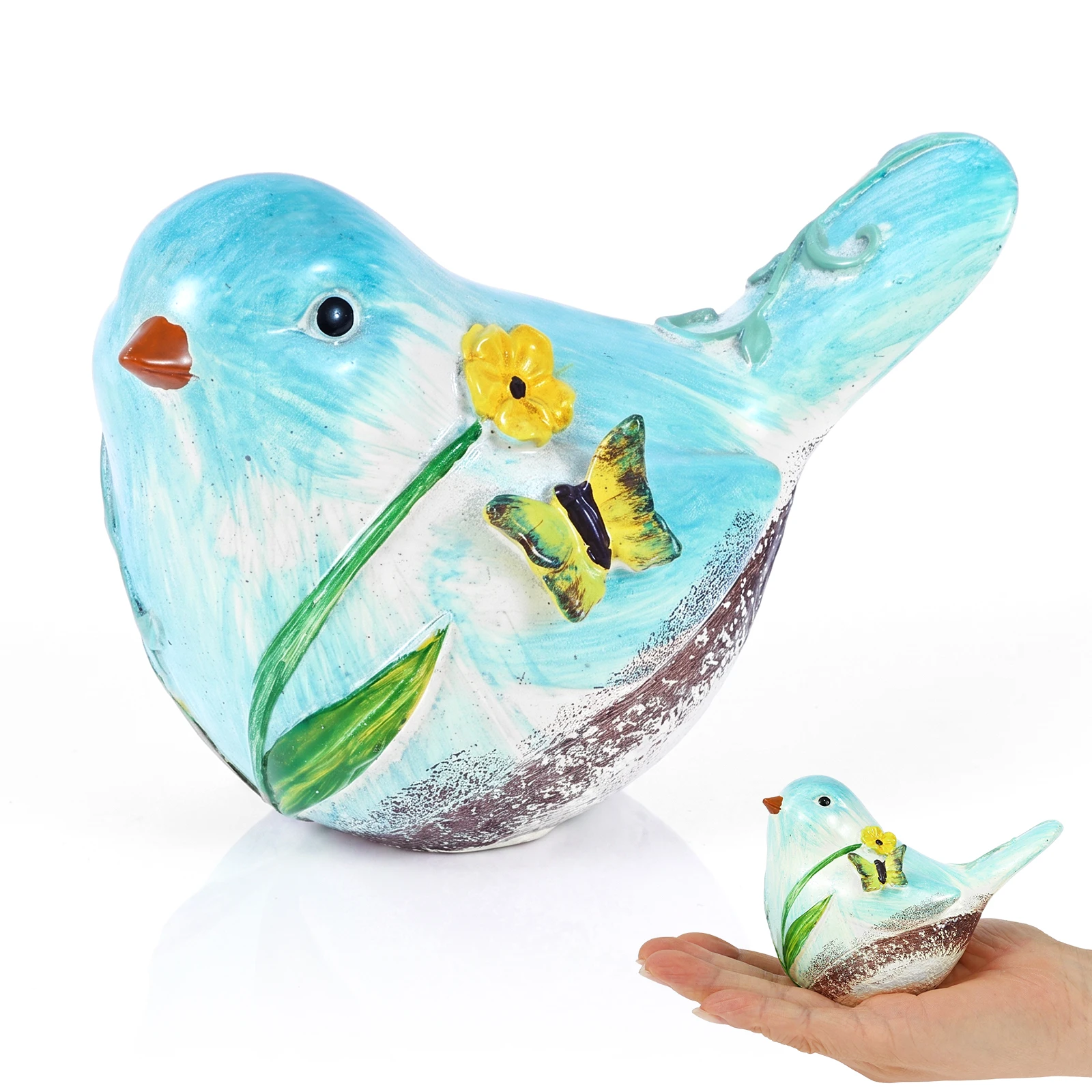 Cute Hand Painted Birds Figurine Resin Whimsical Birds Statue Desktop Ornaments for Bookshelf Accent Balcony Potted Plant Decor