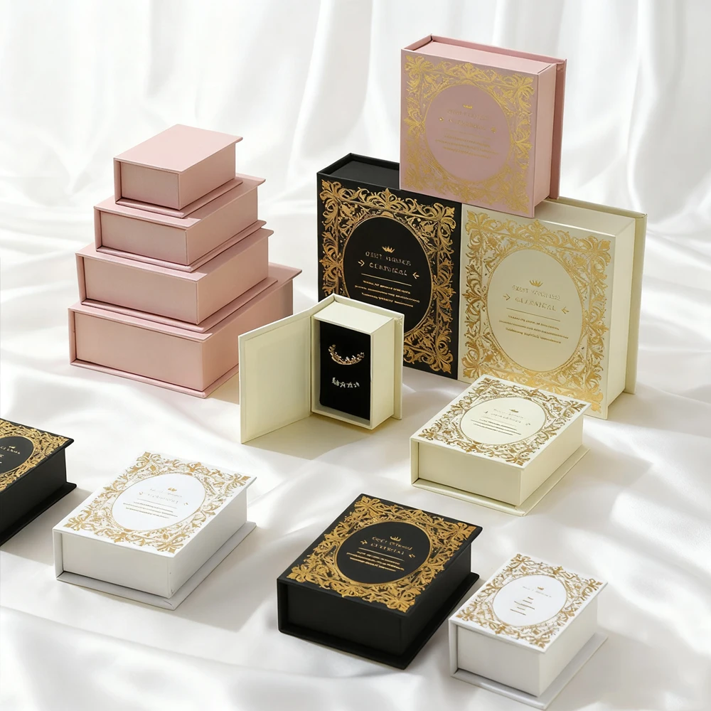 

20Pcs Customized Logo Three Section Book Shaped Magnetic Jewelry Flip Box Ring Earring Necklace Pendant Bracelet Studs Organizer