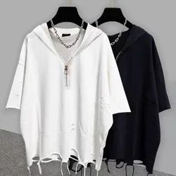 Mens Bat Sleeve Ripped Casual Hooded Top 2024 New Genderless Fashion Personality Solid Color Loose Short Sleeved T-Shirt Unisex