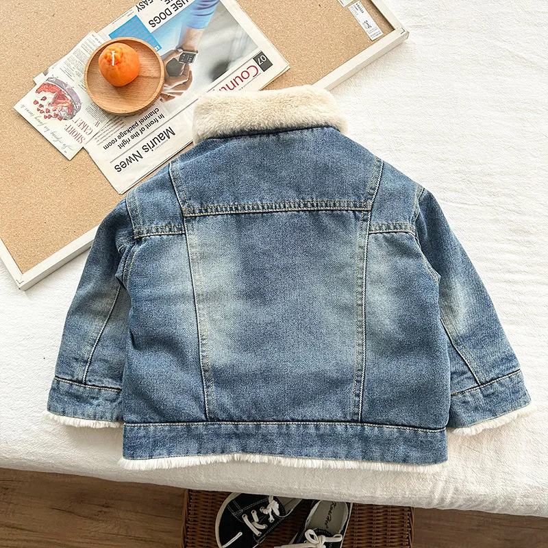 2024 Jacket For Girls Boys Autumn Winter Plus Cashmere Thicken Jeans Coat Children Clothes Warm Fashion Baby Denim Jackets 2-10Y