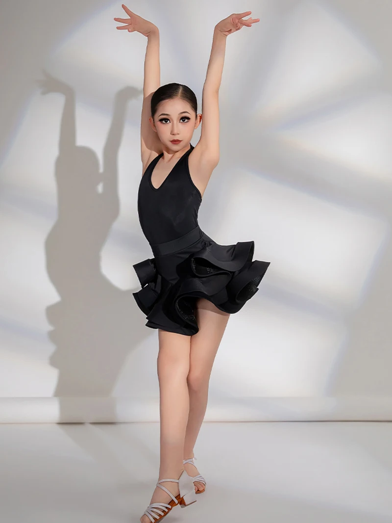 키즈 소녀 볼룸 전문 의상 어린이 등이없는 점프 슈트와 더블 레이어 피쉬본 스커트 현대 무용 의류