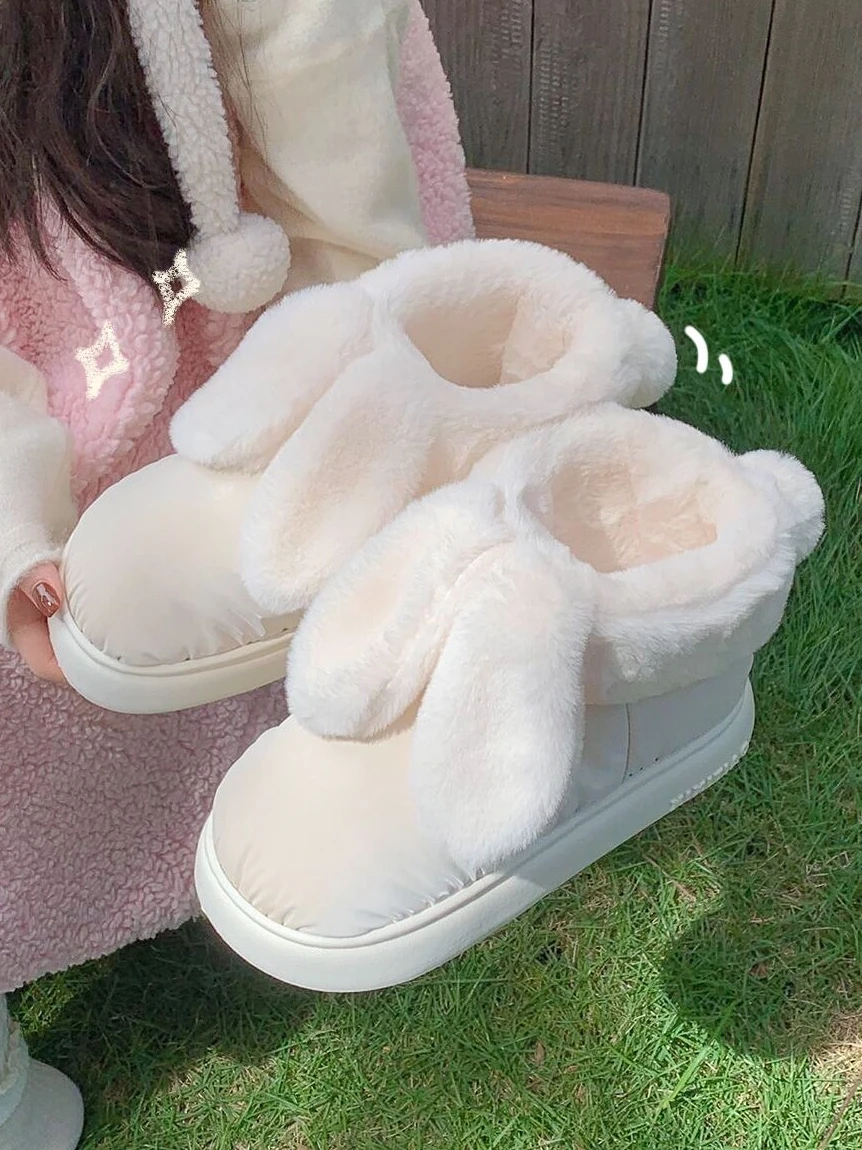 Cute Rabbit Ears Snow Boots Women\'s Winter Waterproof Thick Sole Warm Cotton Shoes Short Boots Home Shoes Household Slipper