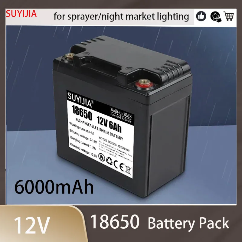 

12v18650 Battery Pack 6000mAh Rechargeable Lithium Ion Battery Solar Cell for Household Sprayer Electric Toy Car with BMS