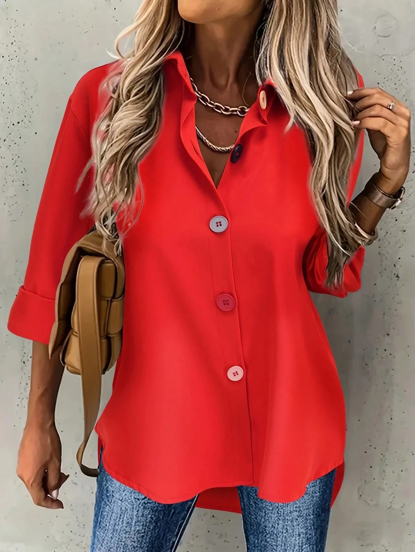 

Женская повседневная рубашка на пуговицах свободного кроя, красная, весенняя