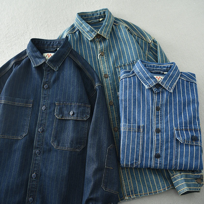 Vertical Striped Denim Shirt Men 2024 Spring Retro Long Sleeve Patch Pockets 100% Cotton Heavyweight Work Wear Loose Jeans Tops