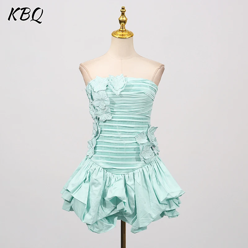 

KBQ Solid Slimming Spliced Applique Mini Dresses for Women Strapless Sleeveless Backless Folds Elegant Chic Dress Female New