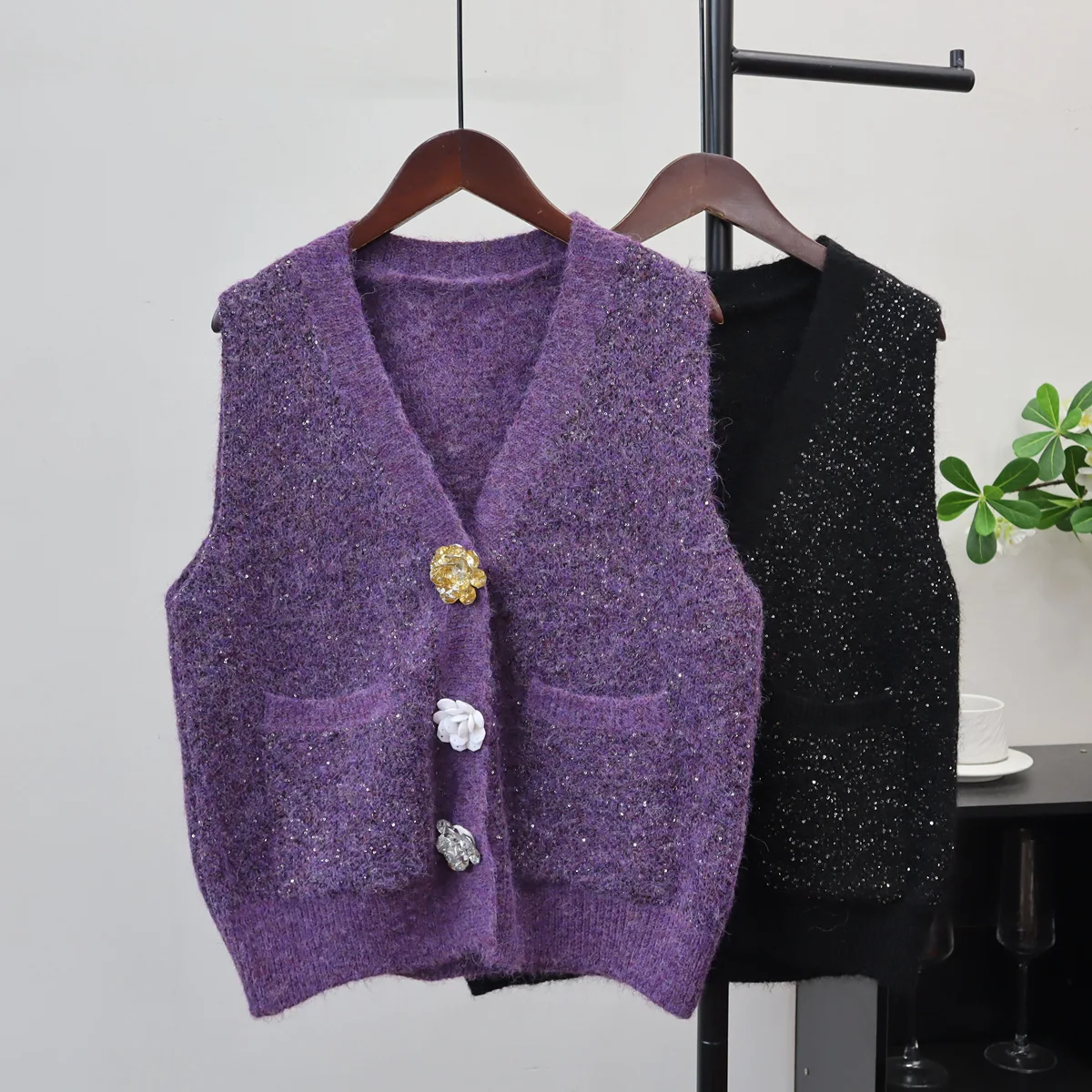 

Vest Women Sweaters Vests V Neck Jackets Sleeveless Coat Jumpers Y2k Streetwear Elegant Knit Work Sequins Autumn Winter