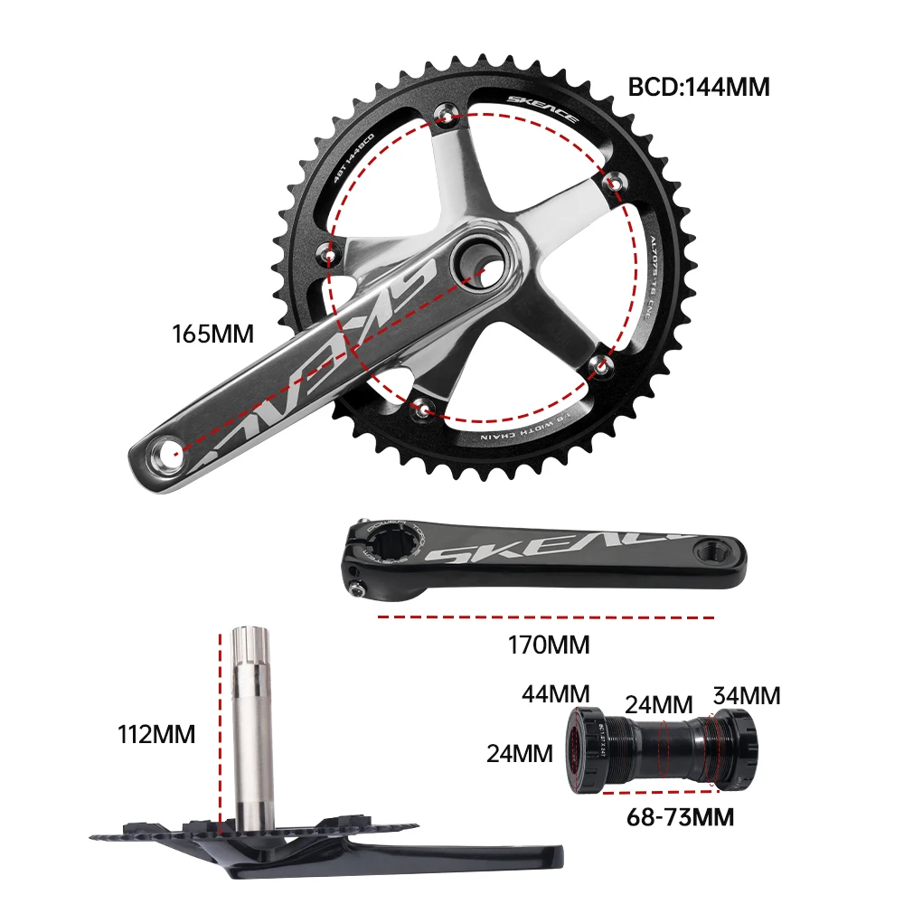 Best Selling BCD 144mm Fixie Bike Racing Crankset Hollow One-Piece Track Cranksets 165mm Crank Arm 48T Black Sliver Crank Set