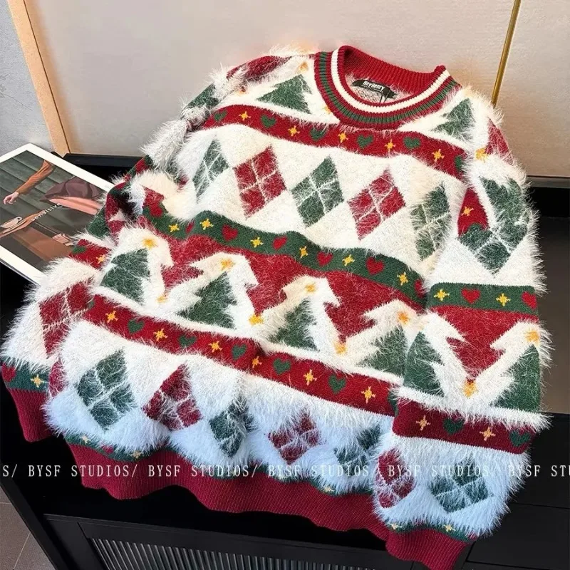 

Модные женские толстые мягкие свободные рождественские свитера с геометрическим рисунком и круглым вырезом, осень-зима, новые винтажные удобные вязаные пуловеры