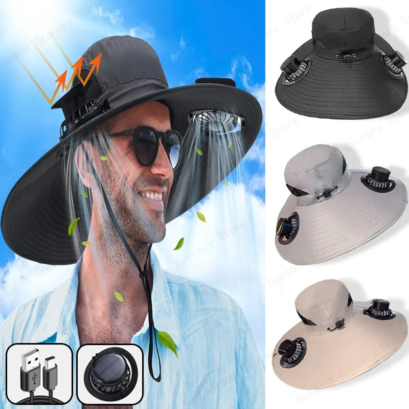 

Multifunction Double Fan Solar Hat UV Protection Breathable Fisherman Cap Summer Outdoor Rechargeable Sun Fan Gift for Father