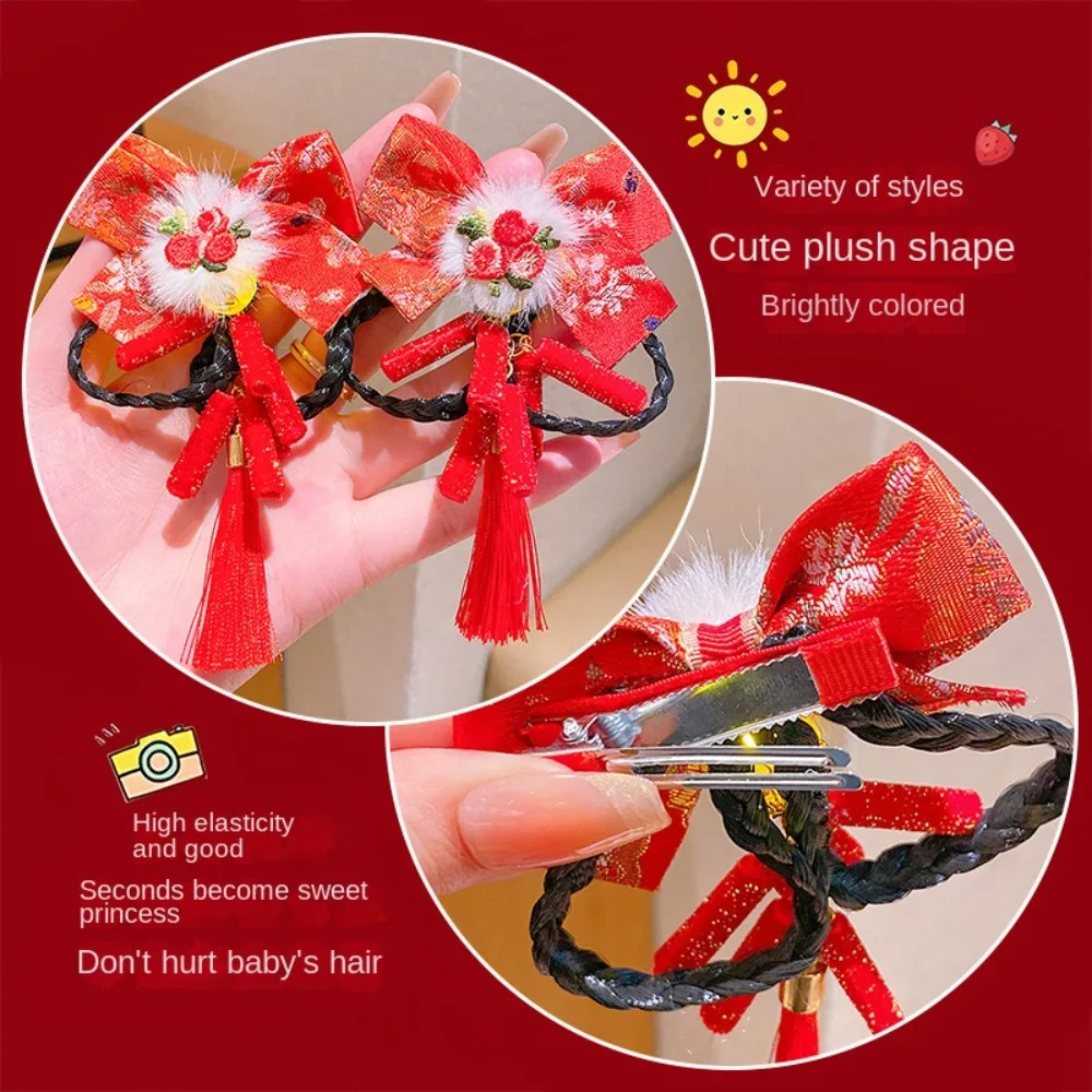 Cosplay Ancient Style Children's New Year Hairpin Red Wig Braid Luminous Hair Clips Bow Cute Girls Hanfu Headwear Kids