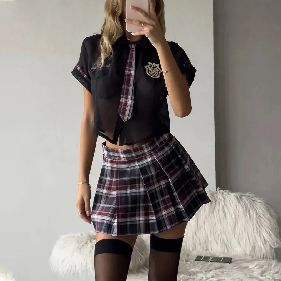 Toucheart Preppy Style Sexy Uniform Sets Women Sexy Uniform Suit Sheer Top+Lace Up Mini Skirt+Thongs Hollow Cosplay Porn Suits - Image 4
