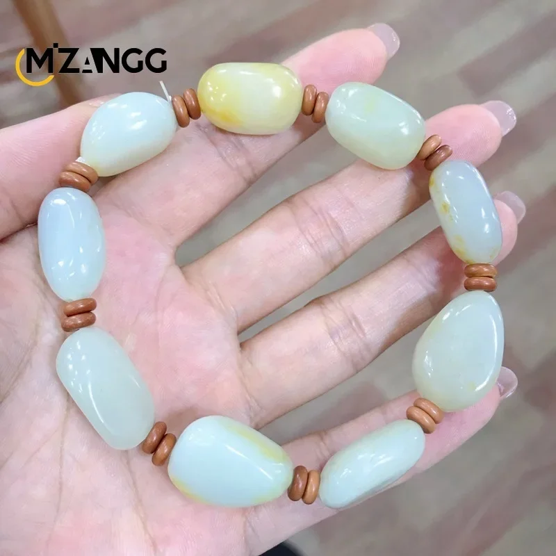 Natural Hetian Jade Original Stone Bracelet Men and Women Sprinkle Gold Leather Beads Exquisite Fashion Jewelry Holiday Gifts