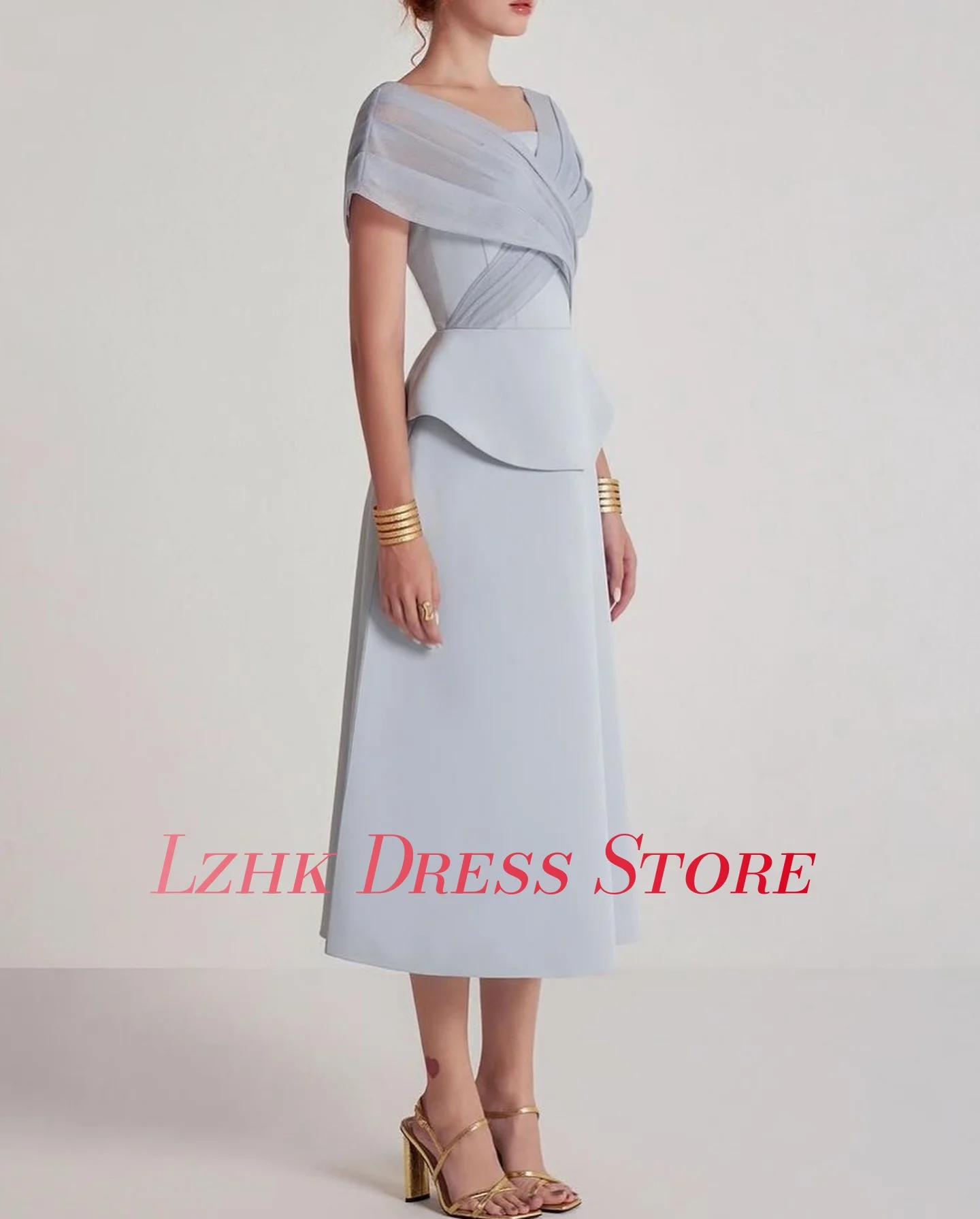 Vestido de noite moderno personalizado em jérsei evasê de alta qualidade, mangas curtas, decote em V, comprimento do chá فستانmavera