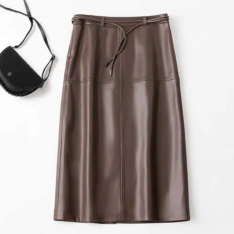 

Autumn and winter new slim and versatile mid to long leather skirt women high waist including buttocks and half body skirt