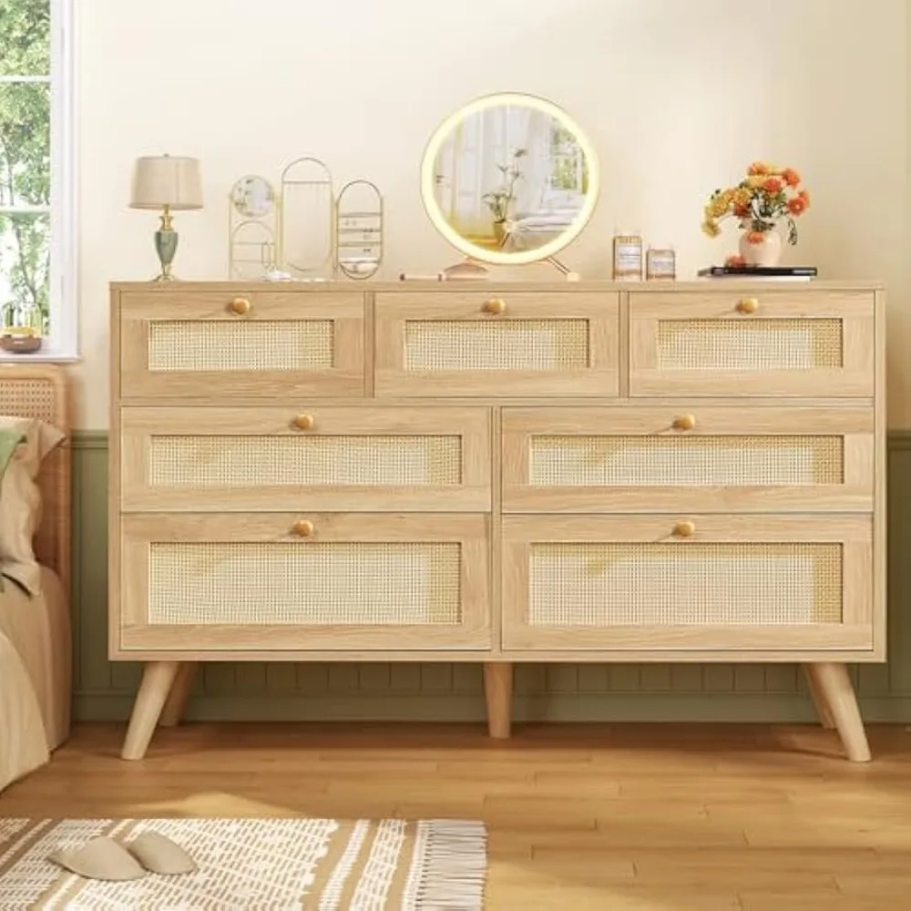 Commode en rotin à 7 tiroirs de style Boho pour chambre à coucher, commode en bois naturel, organisateur de placard