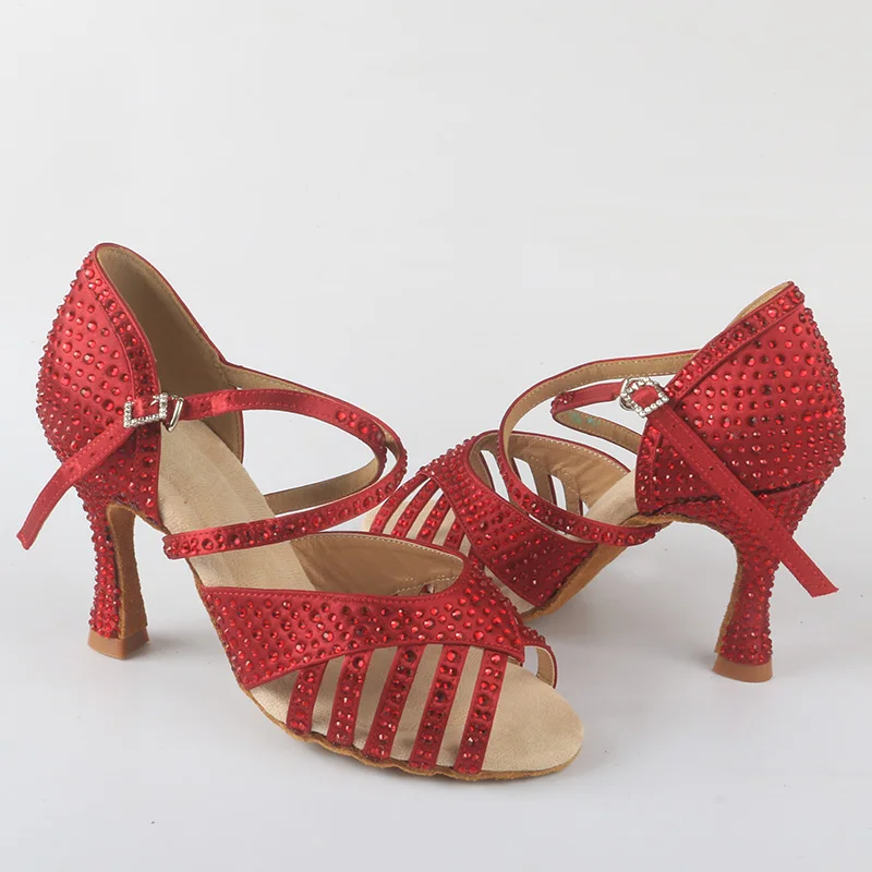 Venus lure Diamante Dance Latin Shoes 9CM Red Rhinestones Customized Heel Suede Soft Sole Woman Dance Heels