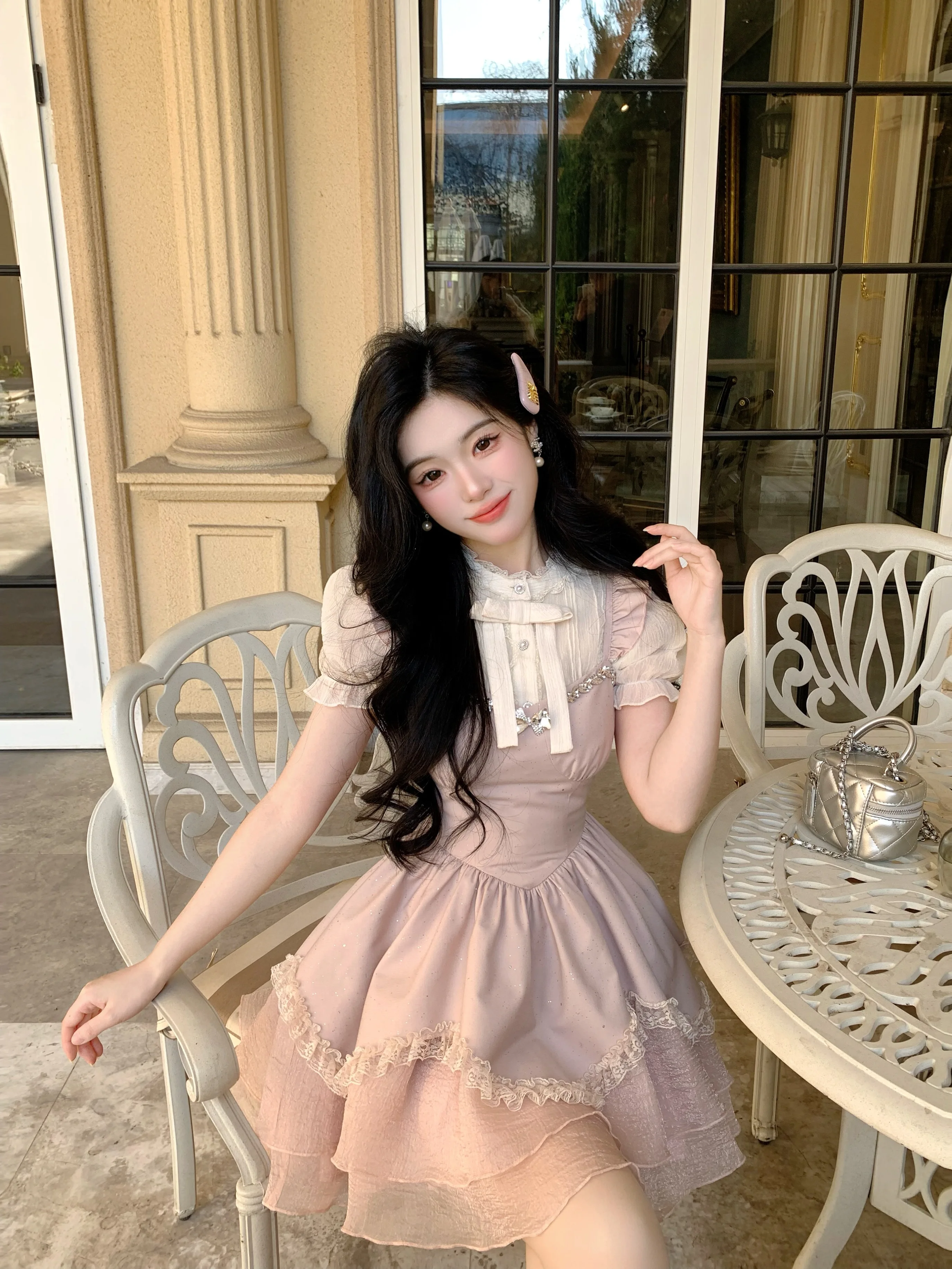 Elegante doce gola chiffon manga curta arco único breasted camisas de cintura alta magro fofo estilingue vestido conjuntos de duas peças feminino