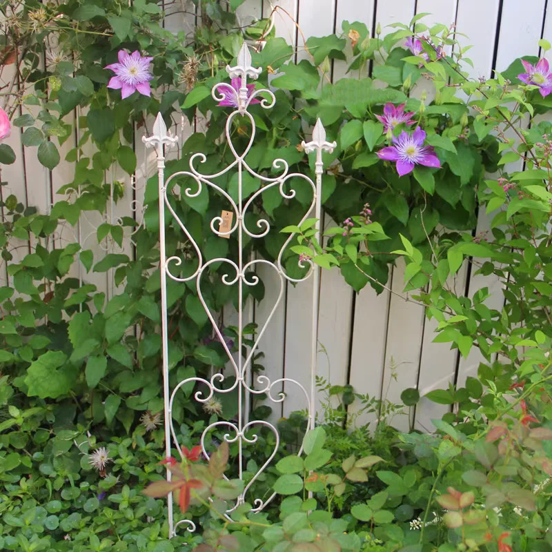 Distressed White Vintage Wrought Iron Garden Stake - Multi-functional Flower Pot, Ground Stake, and Trellis