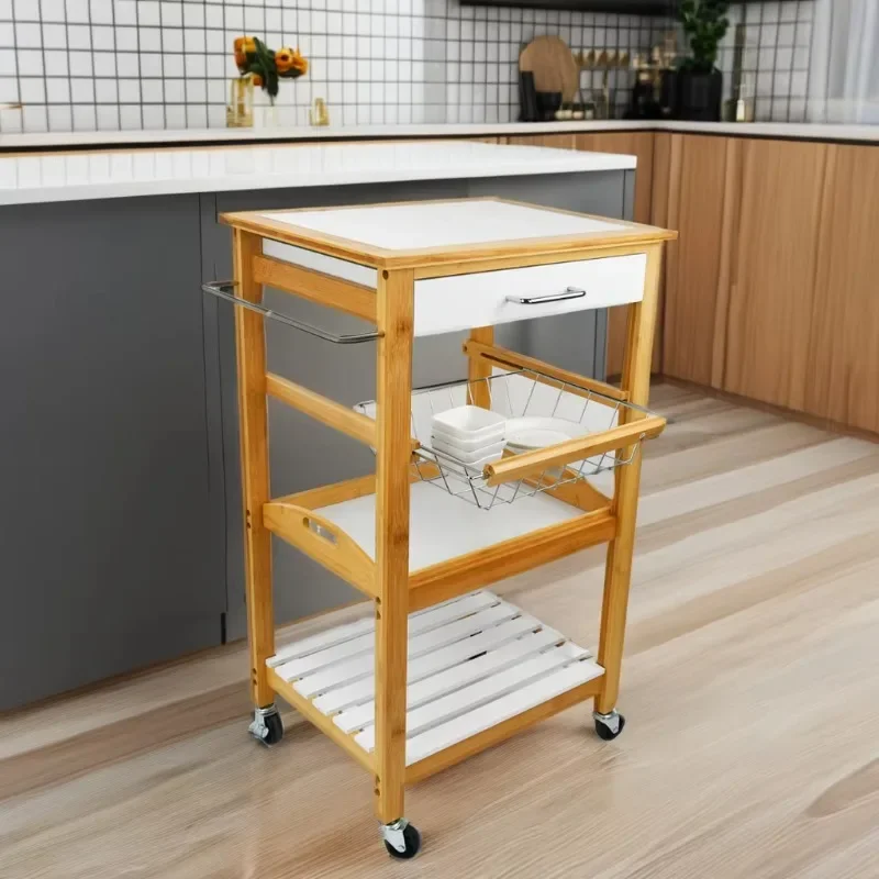 Bamboo Kitchen Trolley Cart with Shelves Drawer Basket Bar Cart