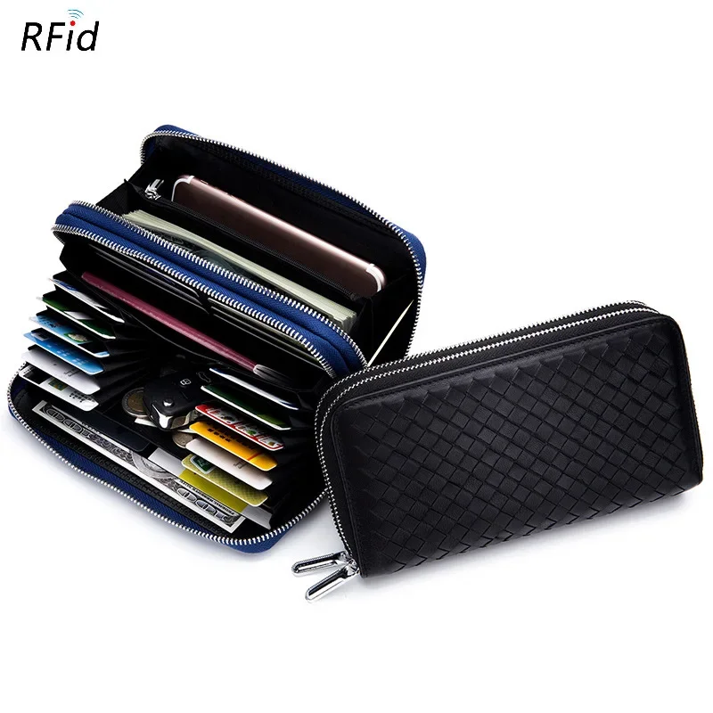 

Large Capacity Men'S Long Wallet Multi Card Sheepskin Double Zipper Woven Wallet For Women In Europe And America