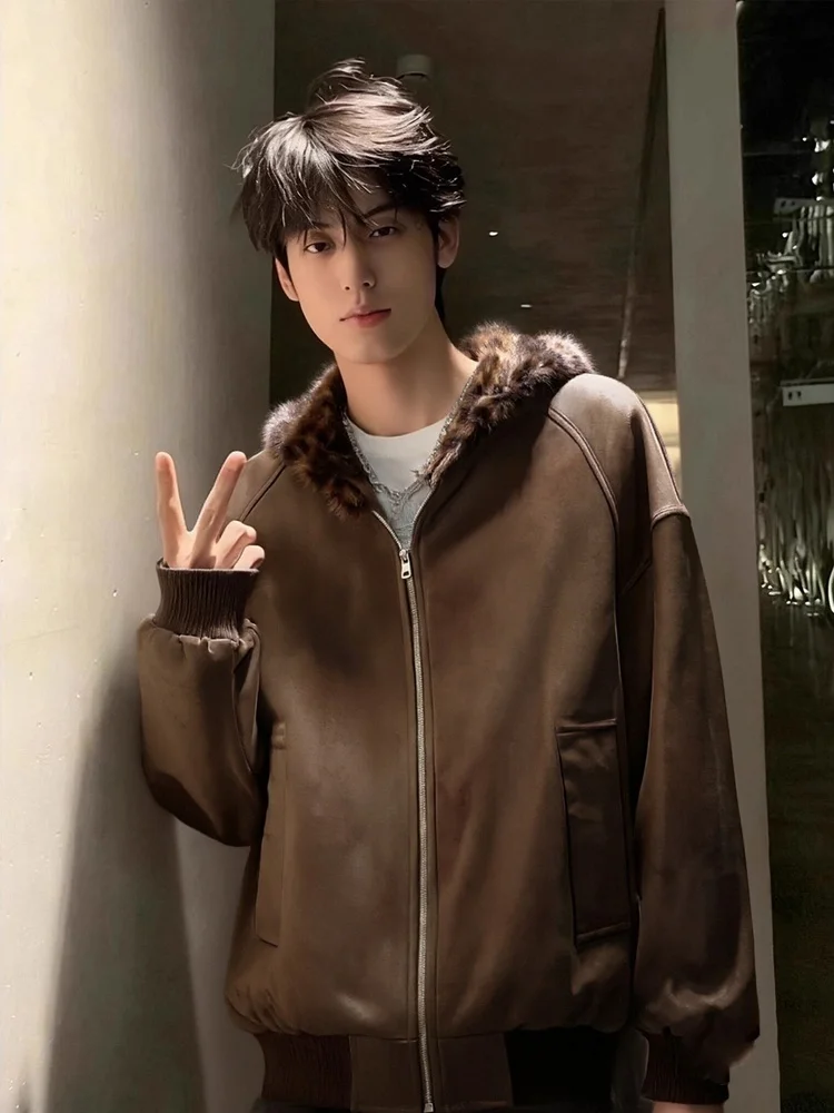 

Ретро-куртка в американском стиле с леопардовым принтом, хлопковая, с капюшоном, мужская зимняя двусторонняя куртка, утепленный жилет из искусственной кожи, парное хлопковое пальто