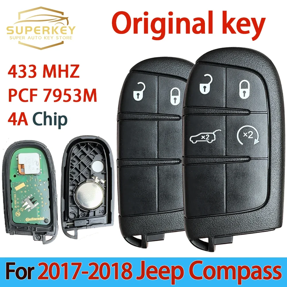 

SUPERKEY Original For 2017 2018 Jeep Compass 4 Buttons Smart Remote Control Key 433mhz 4A Chip Keyless SIP22 Blade M3N-40821302