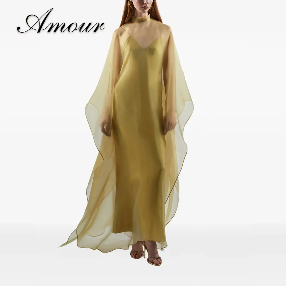 Amour Customized Sheer Organza Cape Sleeve 2 Piece Sets for Women Stand Collar Cover Up Spaghetti Strap Mermaid Evening Dress