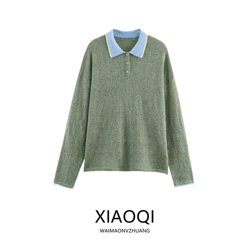 

Осень 2023, новинка, женский вязаный однотонный дизайн, универсальный лоскутный повседневный длинный свек, откидной воротник, обычная длина