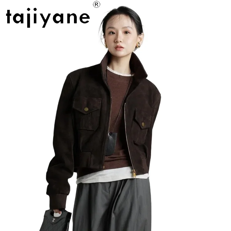 TAJIYANE Sheepskin Suede Genuine Leather Jacket Woman Stand Collar Outerwear Leather Coat Short Jackets for Woman Autumn Jaqueta