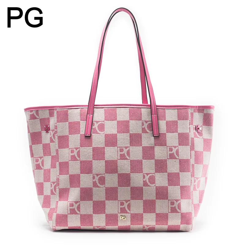 Bolso tipo tote con diseño de tablero de ajedrez, para mujer, de gran capacidad, con detalles en cuero y asa de lona, ideal para el uso diario, para ir al trabajo o para viajar.