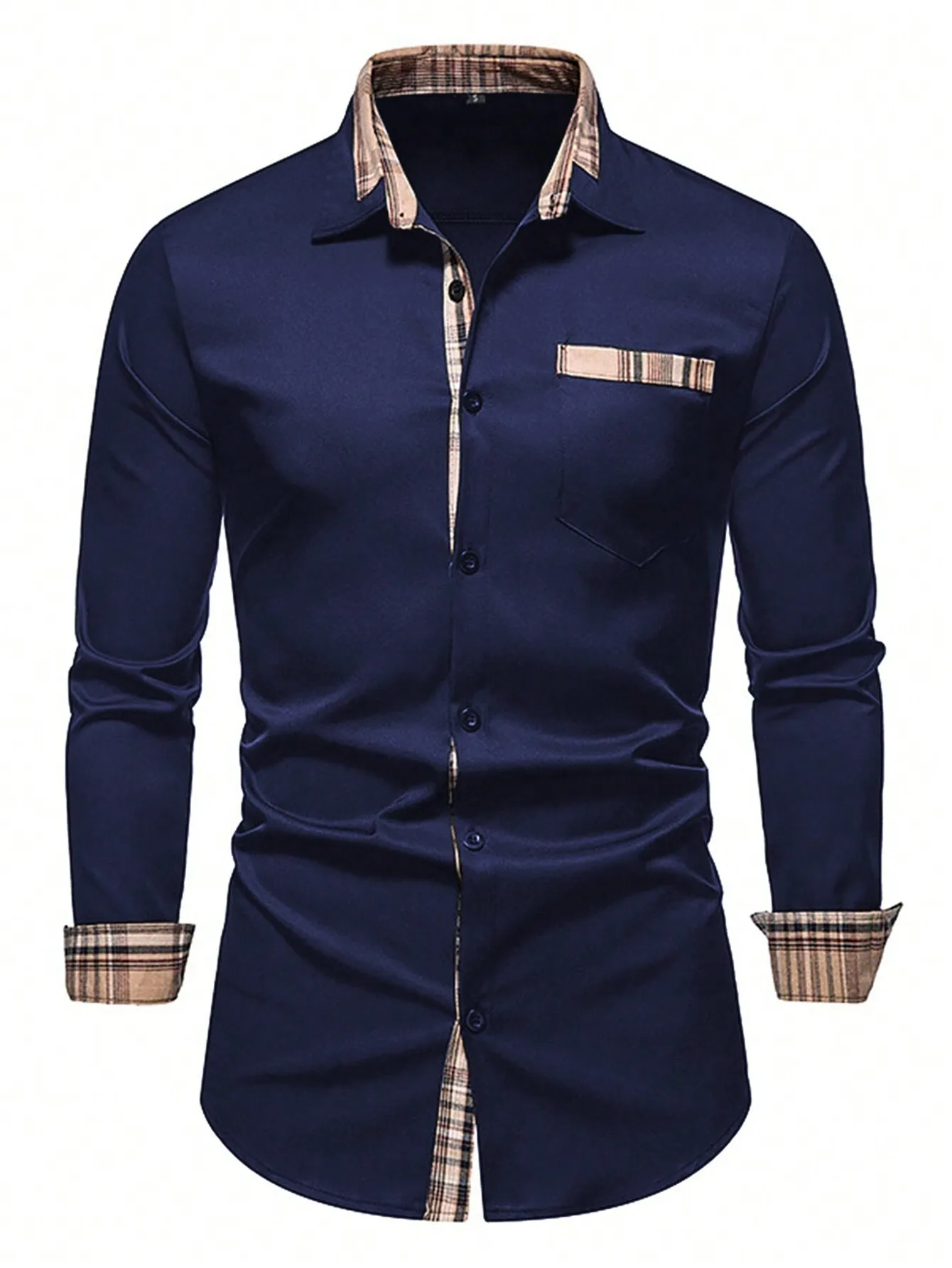 

Men's Navy Blue Casual Button-Up Shirt with Plaid Trim Collar and Cuffs