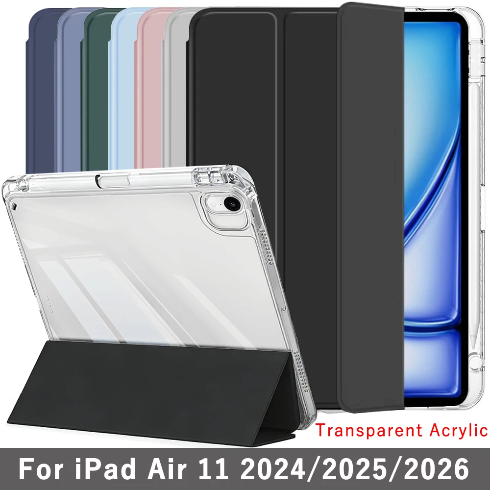Klare Kristall-Tablet-Hülle mit Stiftschlitz für iPad Air 11 2024 2025 2026 M2/M3/M4 11 Zoll A3460 A3267 Dreifach faltbare magnetische Standhülle