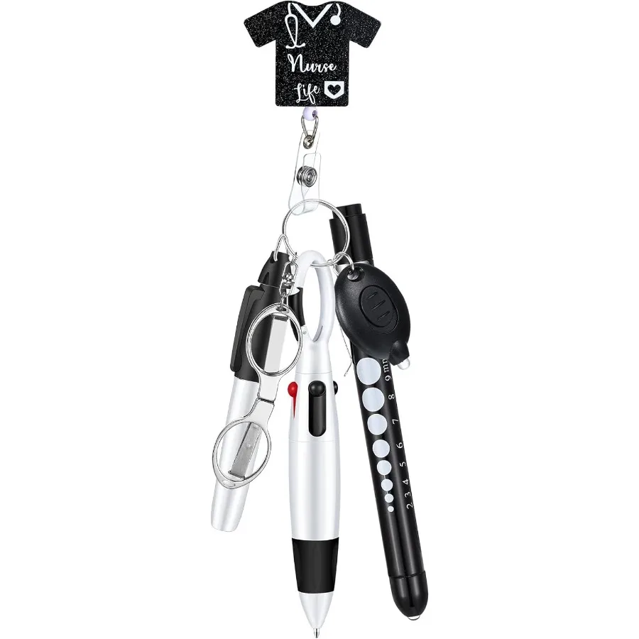 

6 шт. аксессуары для значков Nue включает перманентный маркер, выдвижная шариковая ручка, зажим для значка, складной светодиодный фонарик Scisso