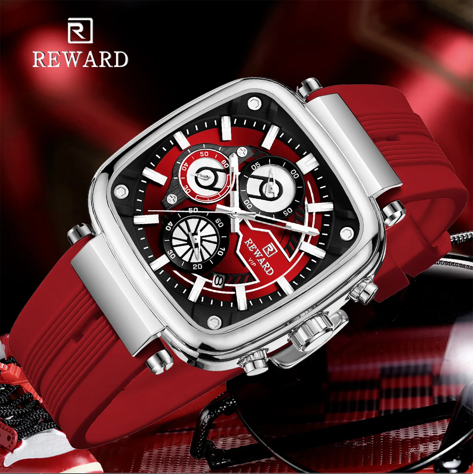 REWARD Casual Sport Quartz Man Watch Top Brand Luxury Red Watches Fashion Clock Man Silicone Strap