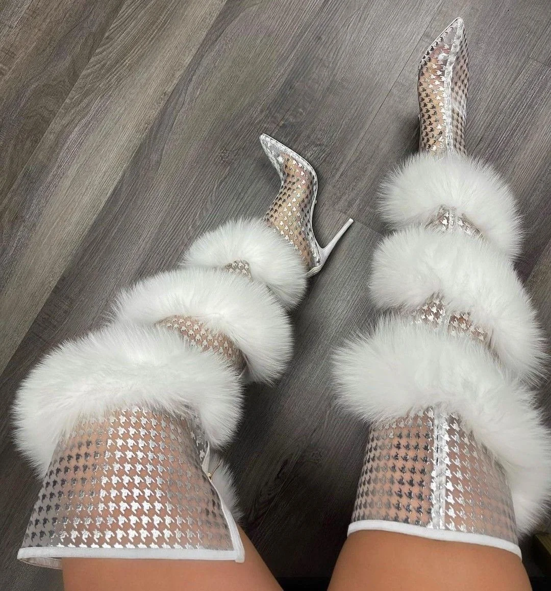 

Sexy White Pointed-Toe Over-the-Knee Stiletto Boots White Furry Embellishments Women's Thin High Heels
