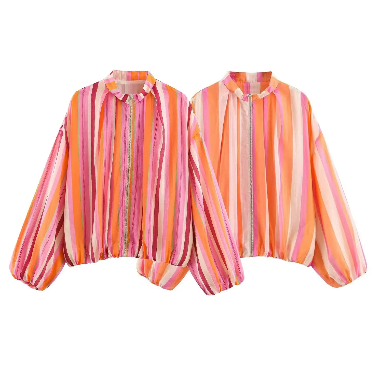 Women's Bomber Jacket Multicolored Striped Long Sleeves Loose Jackets High Collar Striped Zipper Jackets and Elastic Trims