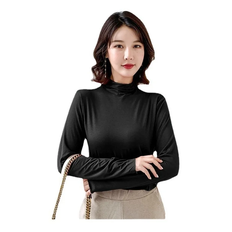 Autumn Winter Half Turtleneck T Shirt Women Korean Style Slim Fit Long Sleeve Solid Color Inner Base Layer Nine Colors Face Ma