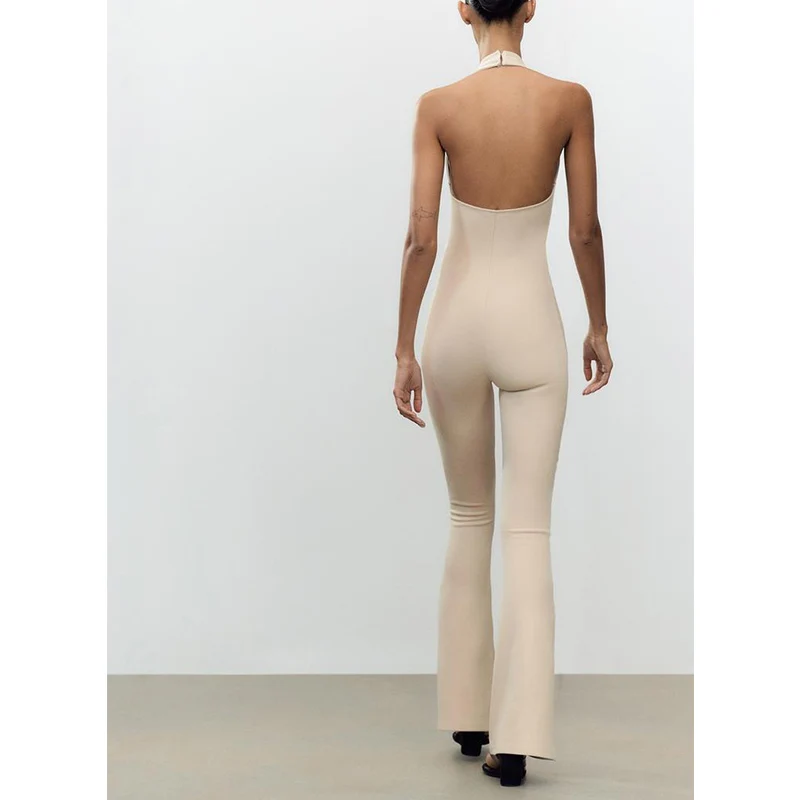 

Summer New Women's Design Double-sided Fabric Hanging Ne Long Bell Bot Jumpsuit High Waist Straight Leg Pants