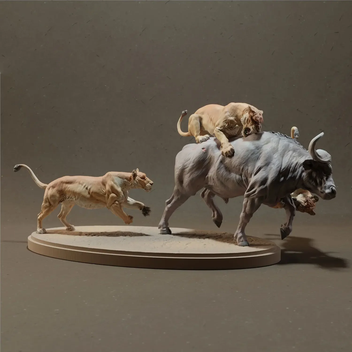 Leão Caça Buffalo Modelo Branco Modelo Animal Decoração Artesanal Revestimento Modelo de Resina