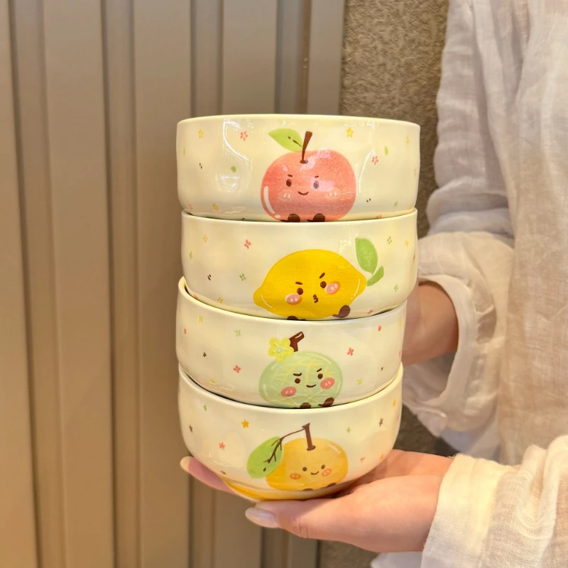 4 Set Cute Fruit Expression Ceramic Rice Bowl with Spoon Cartoon Anti-scald Soup Bowls Home Kitchen Noodle Ramen Tableware