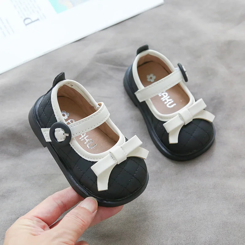 2024 Spring Summer Cute Bow Leather Walking Shoes Fashion Soft Soled Kids Sneakers Children Anti Slip Casual Shoes Zapatos Niña