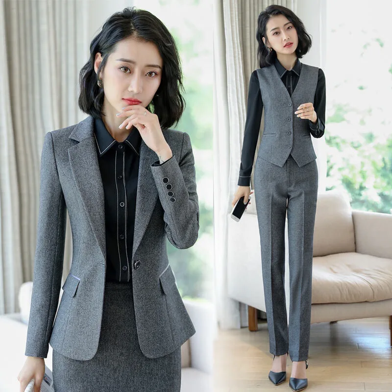 

1105Gray Suit Set for Women Business Elegant Formal Workwear Interview OutfitOLLong Sleeve Professional Suit Workwear
