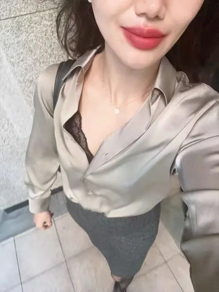 HH المرأة الموضة تنوعا الصلبة التلبيب الساتان محكم الراقية قميص الإناث بسيطة عادية واحدة الصدر قميص طويل الأكمام