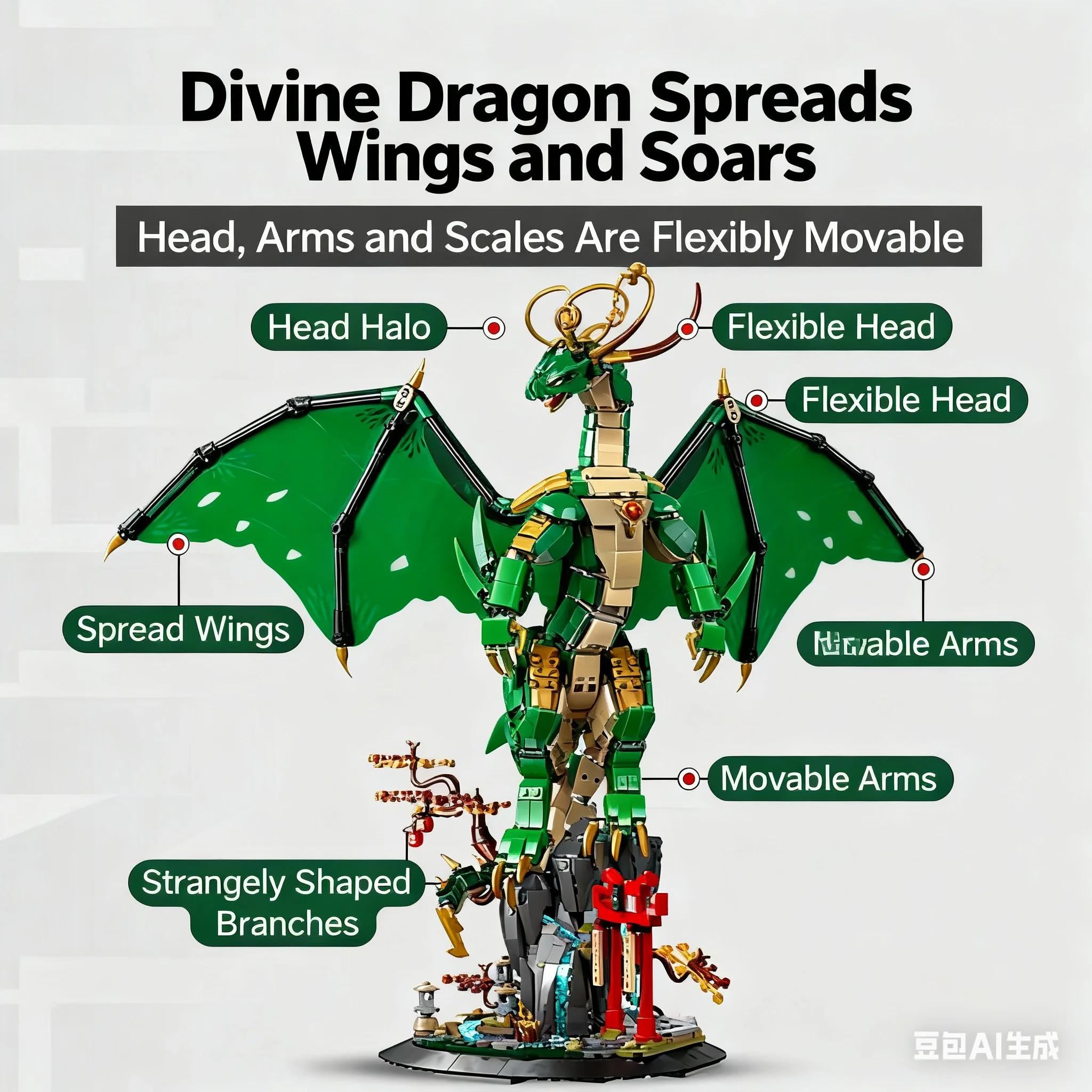 2025 new creative series 1650pcs Patron Saint dragon green flying Dragon model building blocks puzzle assembly toy birthday gift
