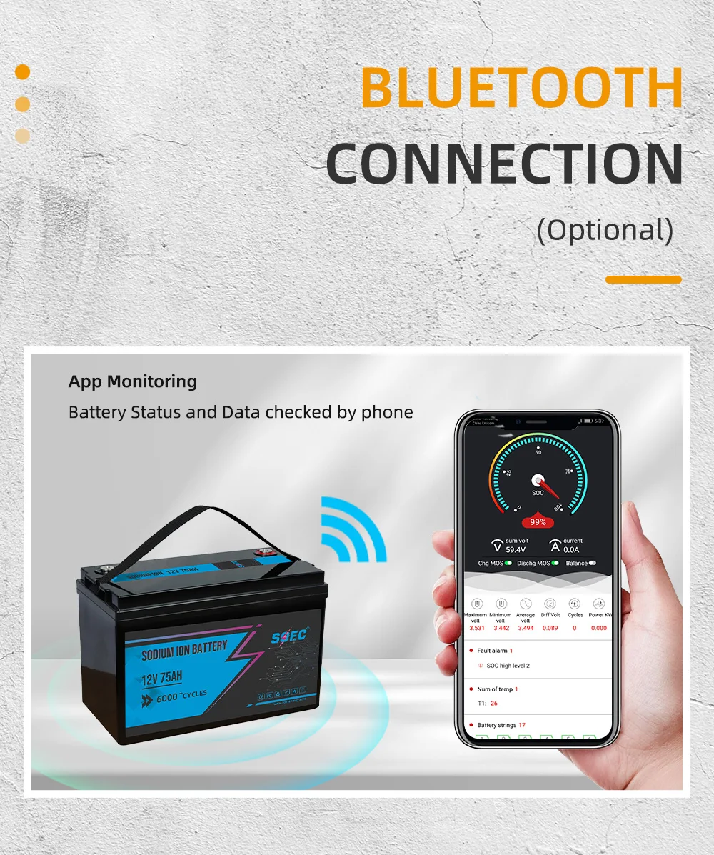 SOEC 12V 75AH Sodium-Ion Battery Built-in BMS Deep Cycle Solar Battery for Electric Vehicles/Boats/Home Energy Storage Systems