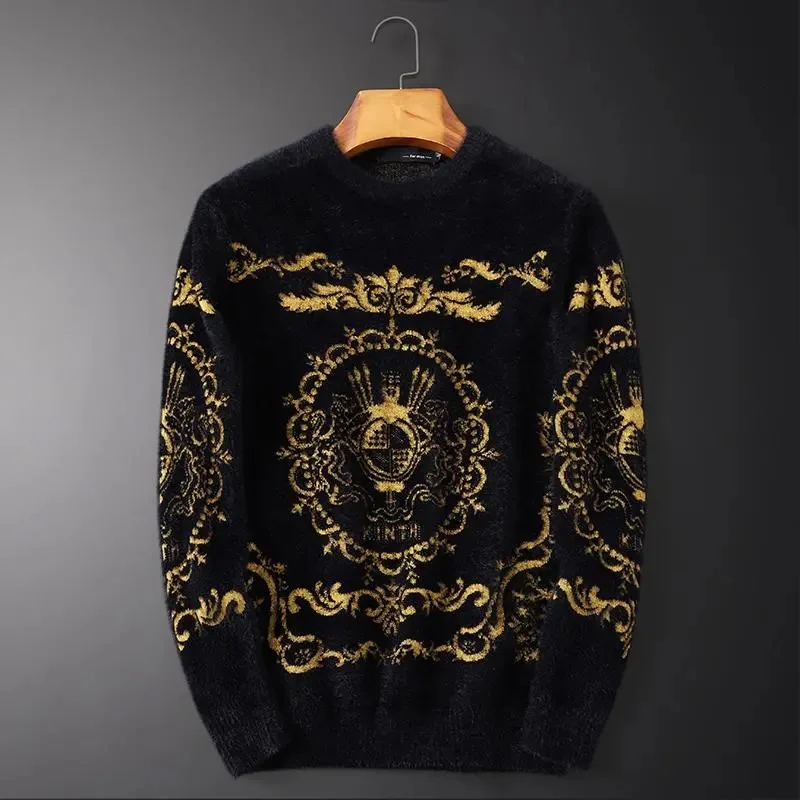 

High end luxury palace style fashion jacquard sweater men's autumn and winter thickened warm trend Pullover Top Men's wear