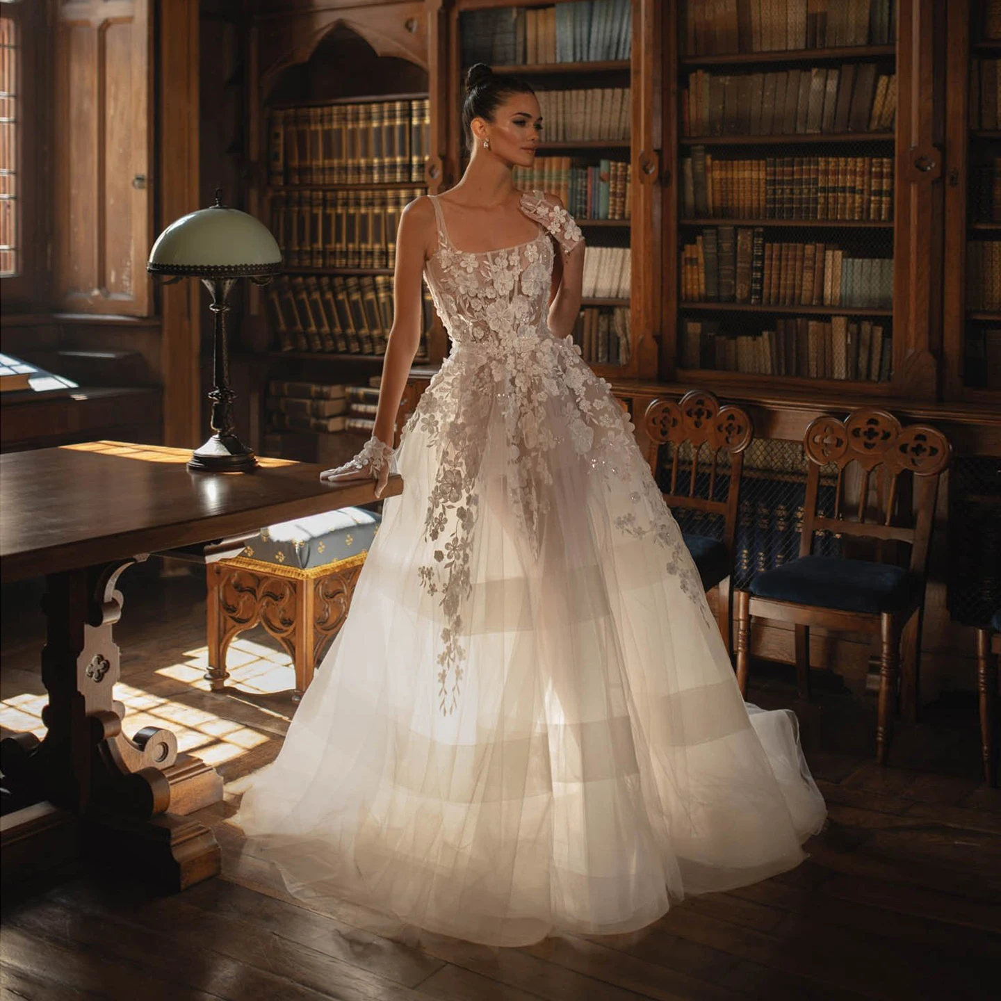 Sharon disse elegante 3d flores sem mangas a linha fora branco vestido de casamento 2025 gola quadrada tule vestidos de noiva sw199 personalizado