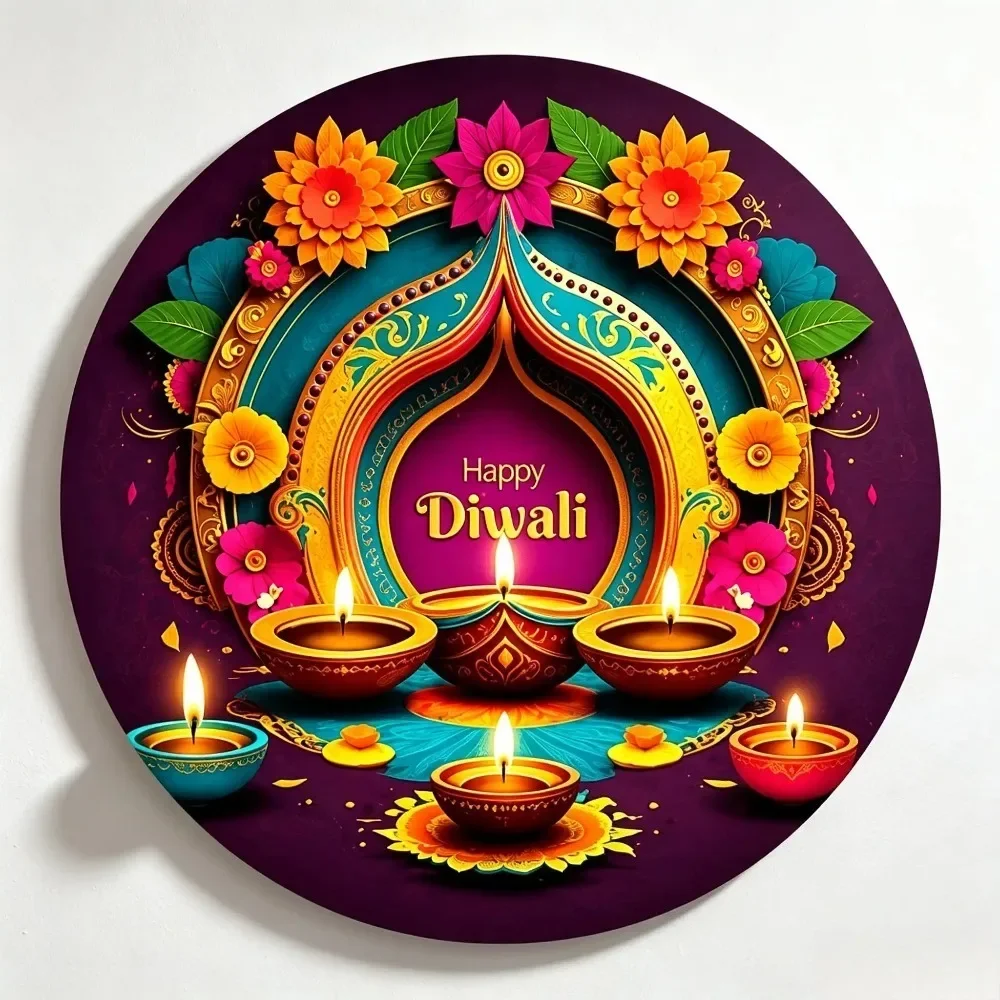 CIFBUY Retro Happy Diwali Oil Lamp Wreath Aluminum Wall Art Waterproof Wearproof Metal Sign Home Bar Cafe Yard Room Decor Gift