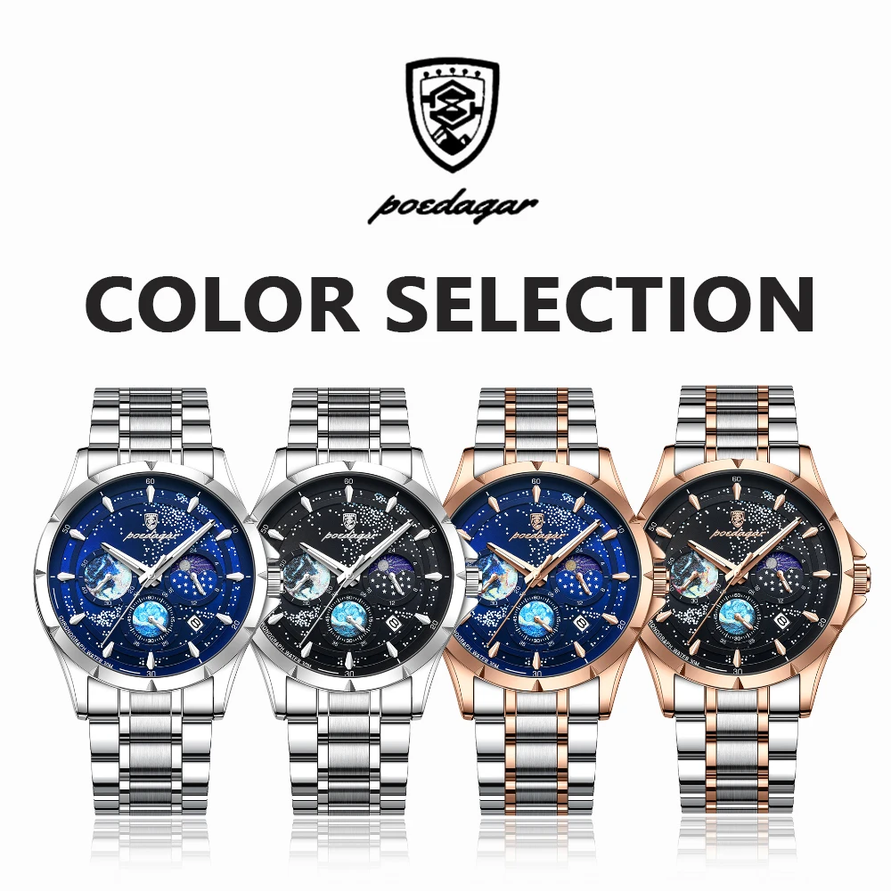 POEDAGAR Men\'s Watches Trend Fashion Original Quartz Watch for Man Starry Night Luminous Dial Moon Phase Date Waterproof Watch